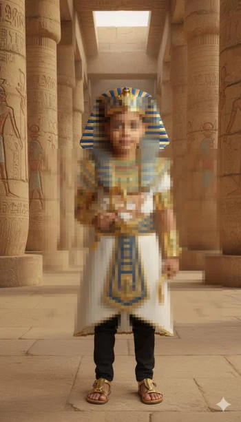 Young boy dressed as Egyptian pharaoh standing in ancient temple hallway