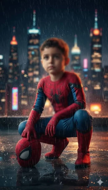 Young Boy Dressed as Spider Man in the Rain on City Rooftop