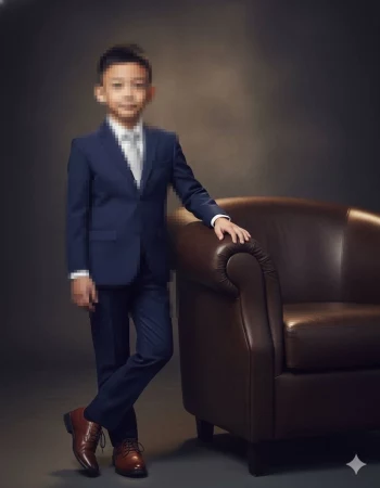 Young boy in navy blue suit posing confidently beside brown leather armchair