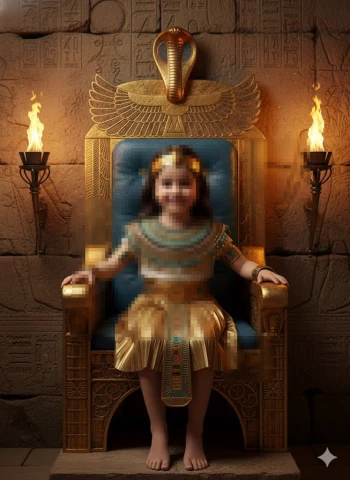 Young child dressed as an ancient Egyptian pharaoh sitting on a golden throne