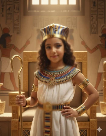 Young girl dressed as an Egyptian princess standing in an ancient temple