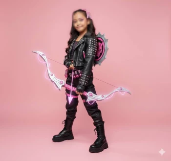 Young girl in black leather outfit holding glowing pink bow and arrow