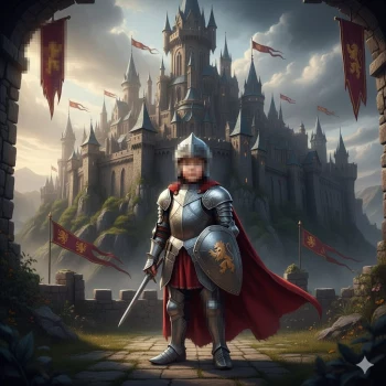 Young Knight in Silver Armor Standing Proudly Before Majestic Castle