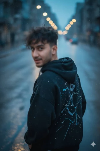 Young man in black hoodie walking on rainy city street at dusk