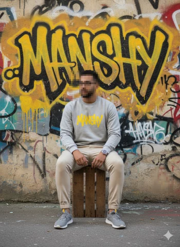 Young man in casual streetwear sitting by bold yellow graffiti wall with MANSHY text