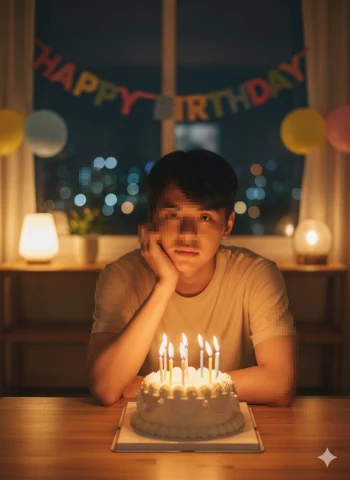 Young man sitting alone at birthday table with cake and candlelight