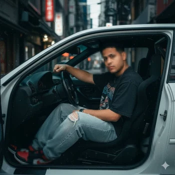 Young Man Sitting in a Car on City Street with Urban Cinematic Vibe