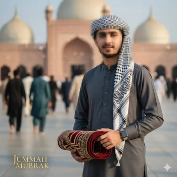 Young Muslim Man Holding Prayer Mat Outside Mosque on Blessed Friday
